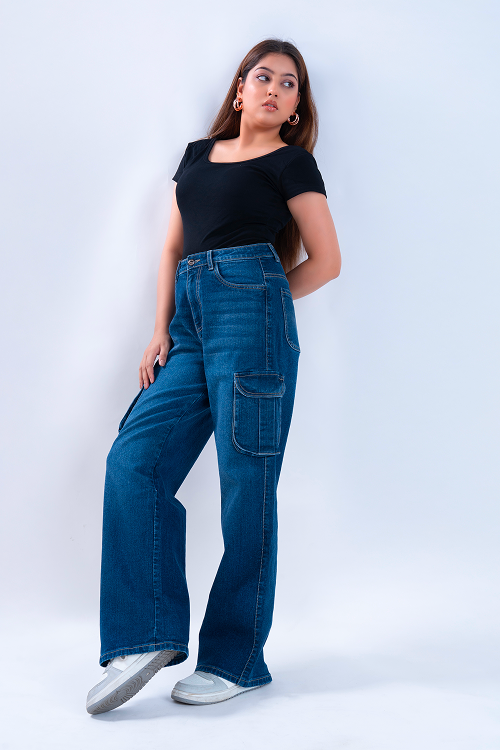 Oxford Blue Whisker Wide Leg Cargo Jeans