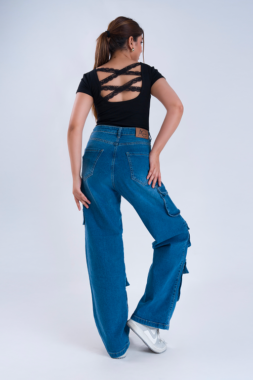 LUXURY Stone Blue Multipocket Cargo Whisker Straight Fit Jeans