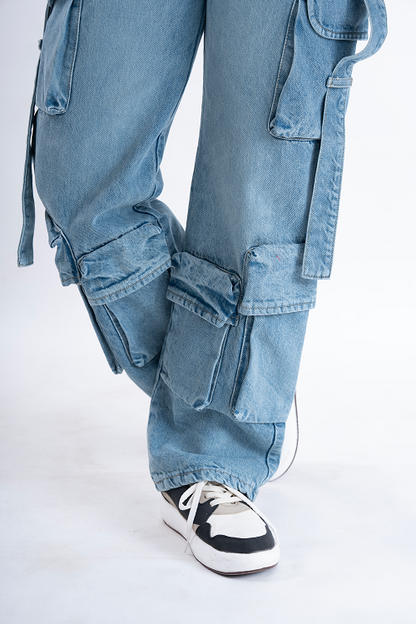 Faded Ice Blue Street Pocket Baggy Fit HEAVY Cargo Jeans