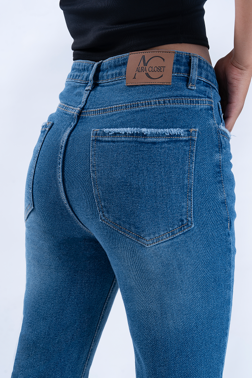 FLARED Semi Raw-Hem Stone Blue Whisker Bootcut Jeans