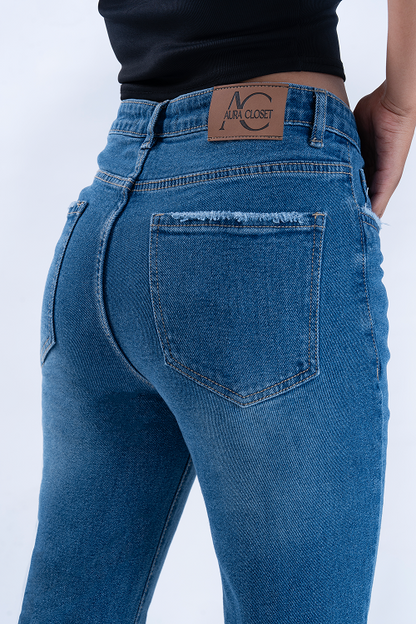 FLARED Semi Raw-Hem Stone Blue Whisker Bootcut Jeans