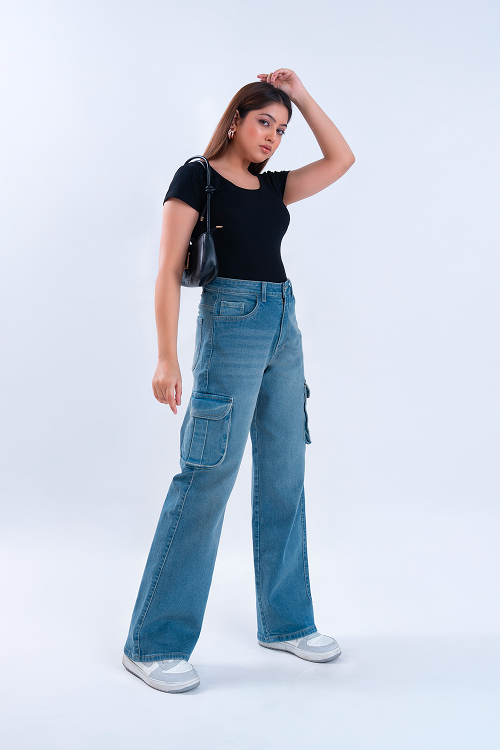 Vintage Wash Whisker Wide Leg Cargo Jeans